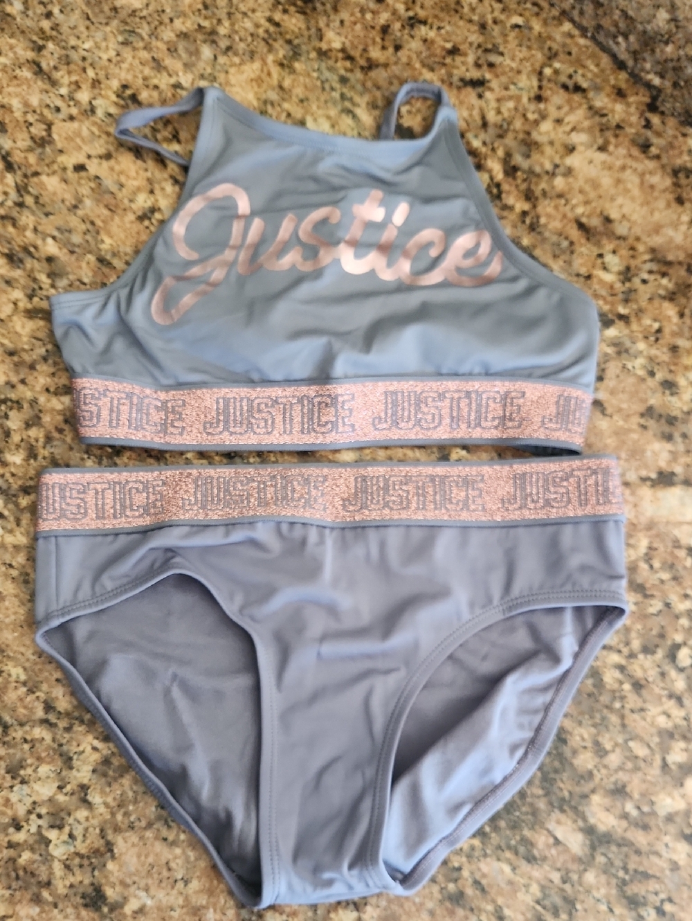 Girls Justice Gray Bikini Set with Rose Gold Script and Waistband, Size 14